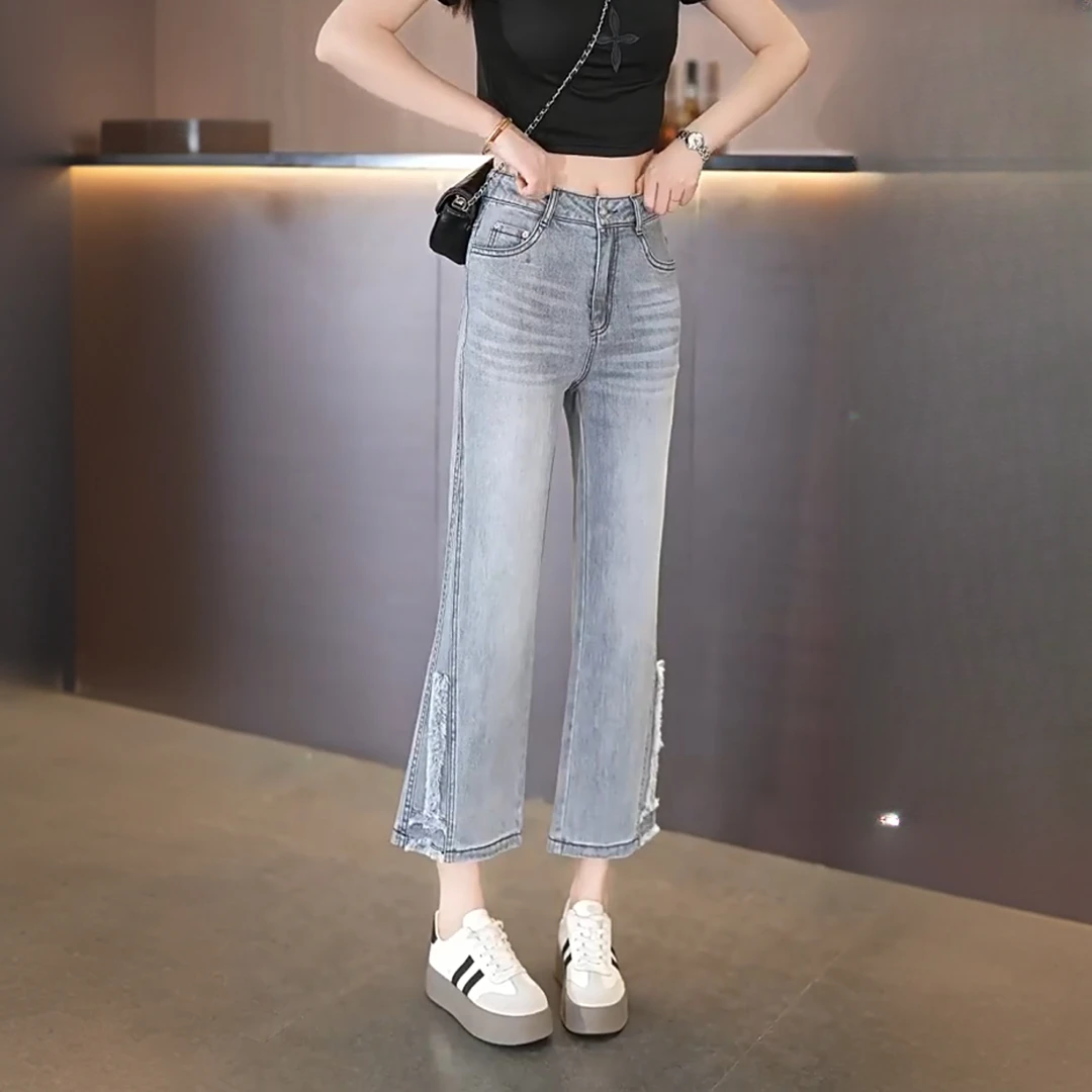 2025年新款夏季薄款烟灰色八九分微喇叭裤辣妹小个子显瘦牛仔裤女