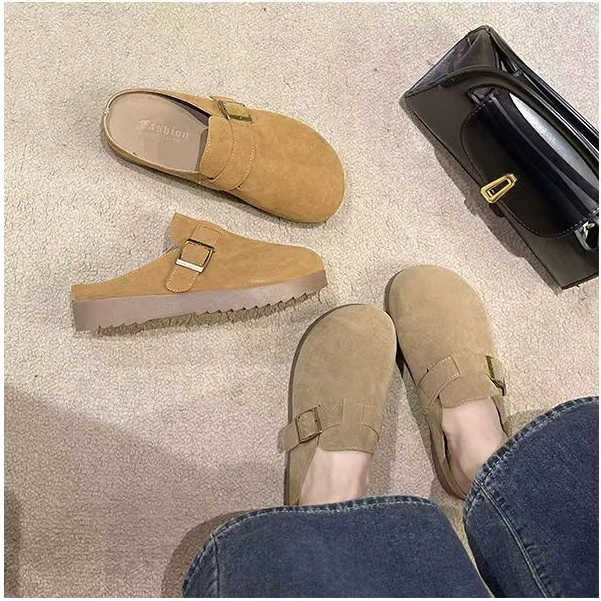 复古厚底百搭包头半拖鞋女春夏新款时尚软底出游真皮增高勃肯拖鞋