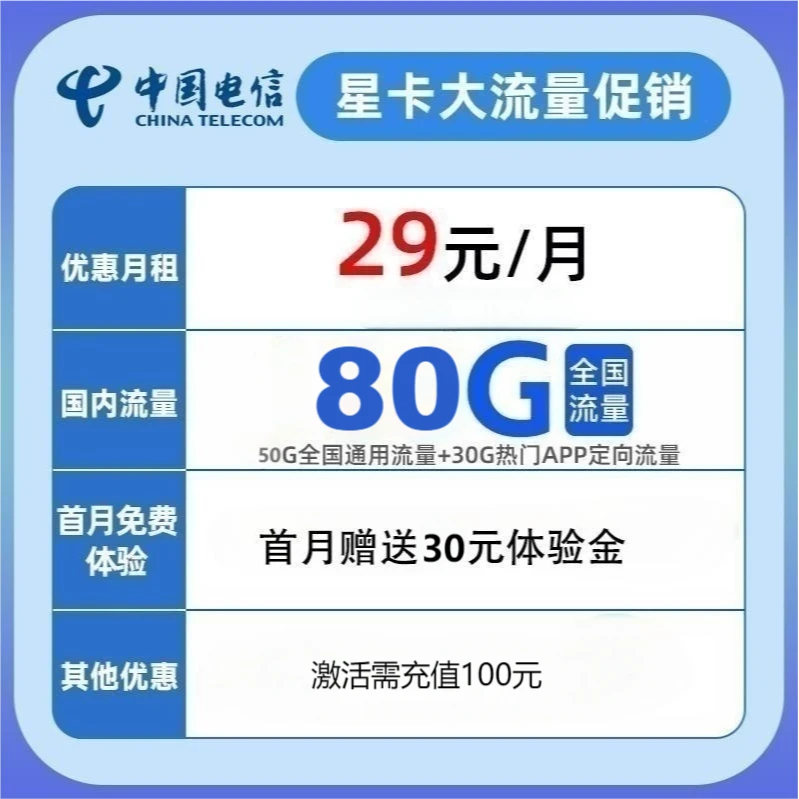 【地市直播】全国通用星卡大流量促销手机卡电话卡免费申请电信官方