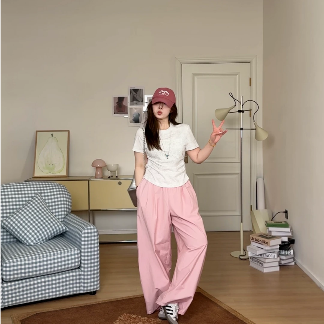 晶咕【悠游时光】美式复古两侧收腰抽褶修身小T恤