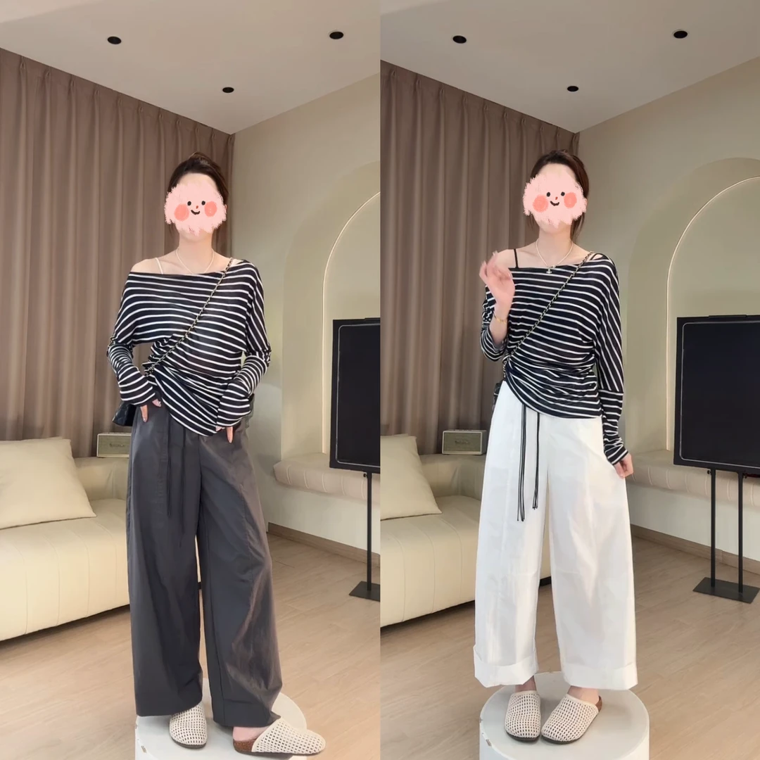 2025新款韩版设计感时尚斜肩条纹防晒上衣+宽松百搭阔腿裤两套装