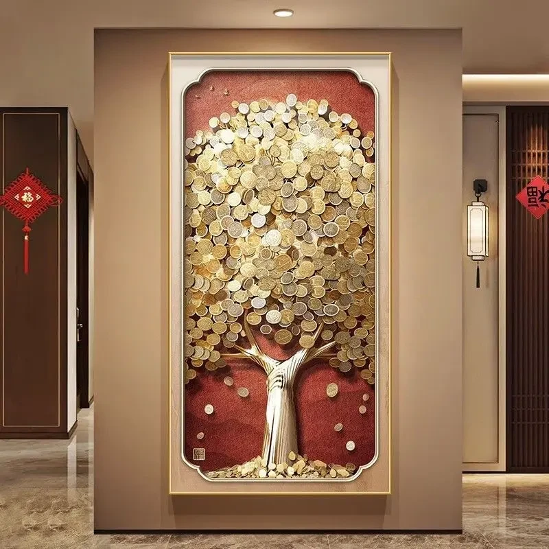 轻奢发财树玄关装饰画过道走廊挂画入户正对门新中式竖版墙壁挂画