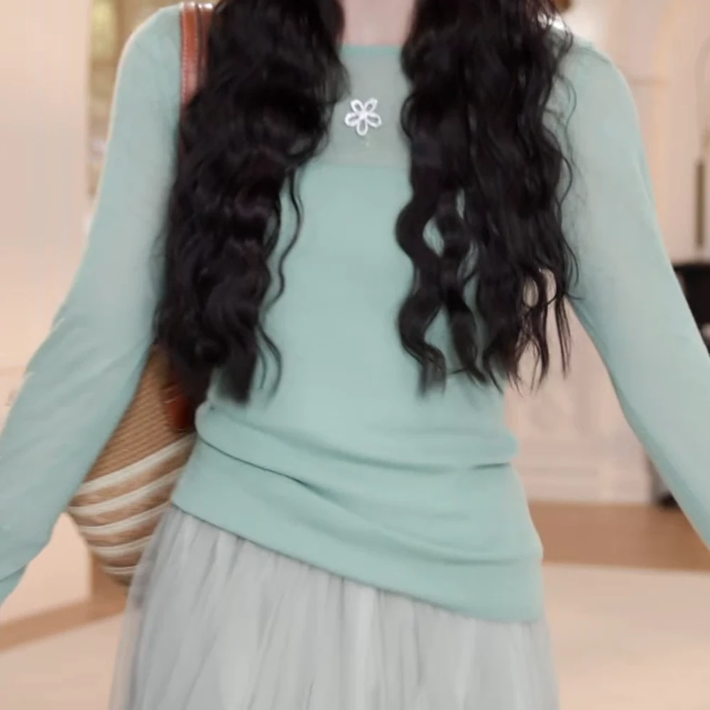 薄荷曼波绿圆领防晒针织衫女春季新款独特漂亮百搭别致薄款上衣