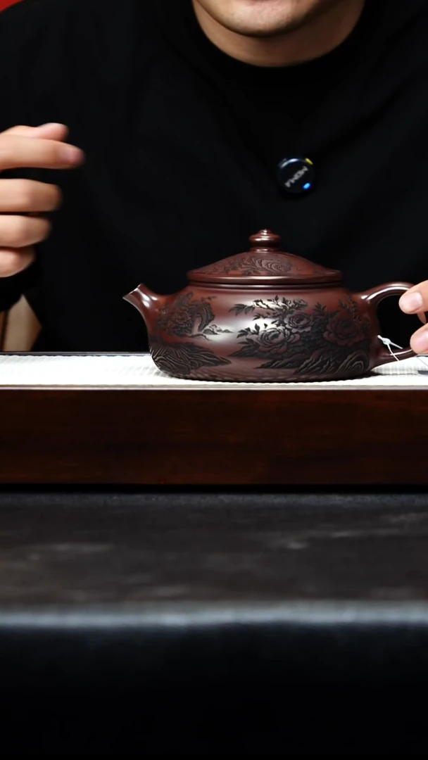 茶壶紫砂宜兴紫砂 山水花鸟寒江 石红