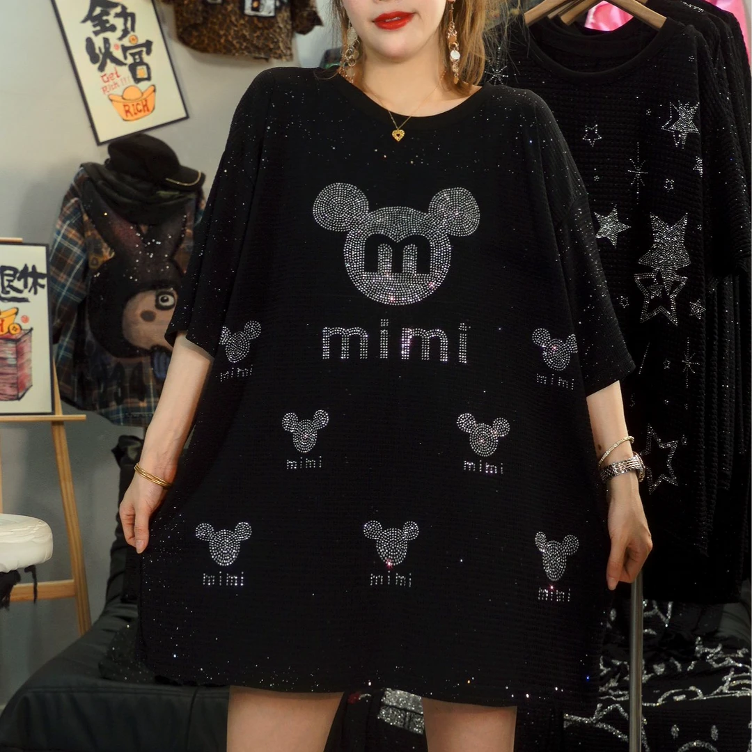 米奇--黑色中长款中夏季短袖长款印花T恤圆领网红时尚字母