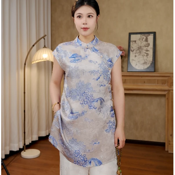 【楼兰庭】25年老料新中式斜门襟显瘦百搭飞飞袖上衣