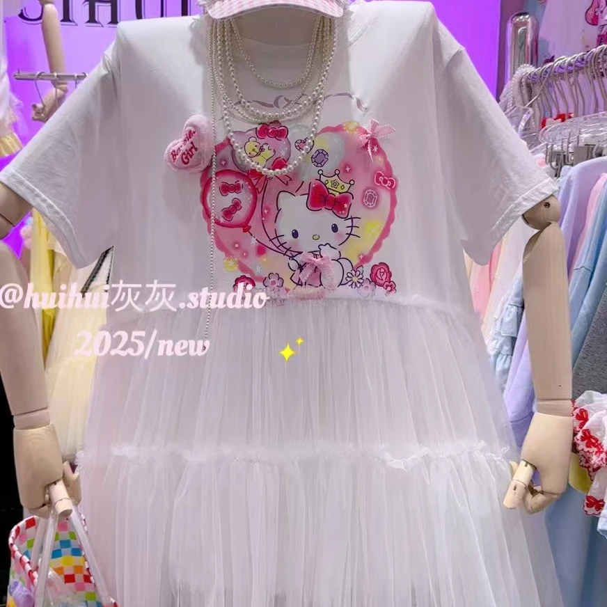 【纯熙+】62278夏季新款拼接蕾丝纱粉色心形KT猫短袖T恤上衣女韩版