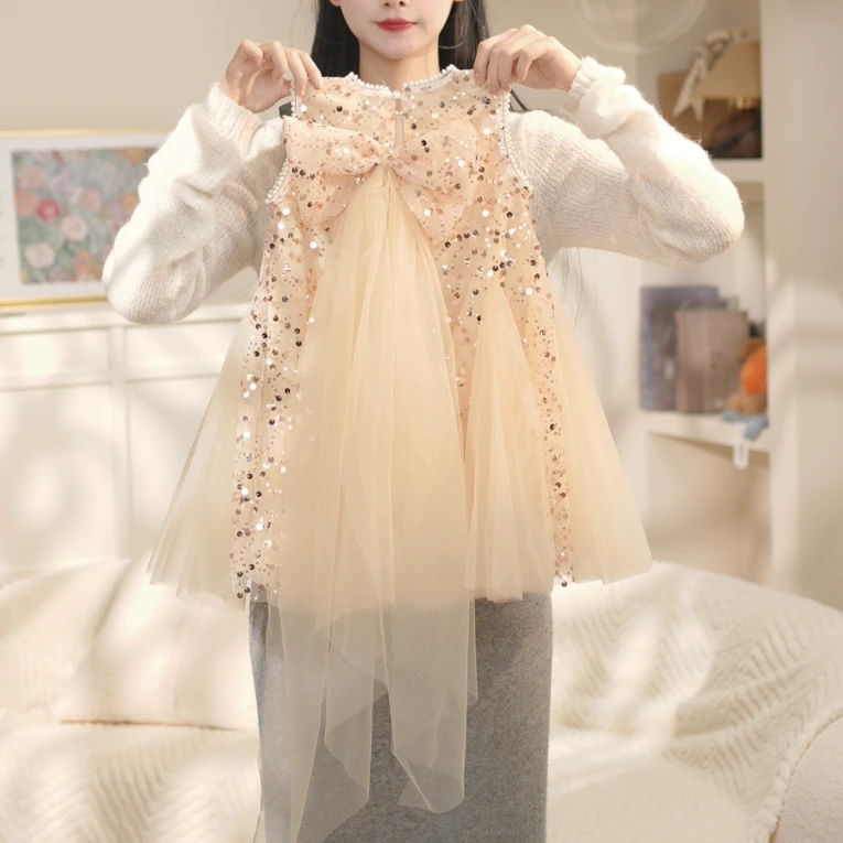 2025夏季新款女童高定公主裙纱裙礼服蝴蝶结撒银工艺连衣裙