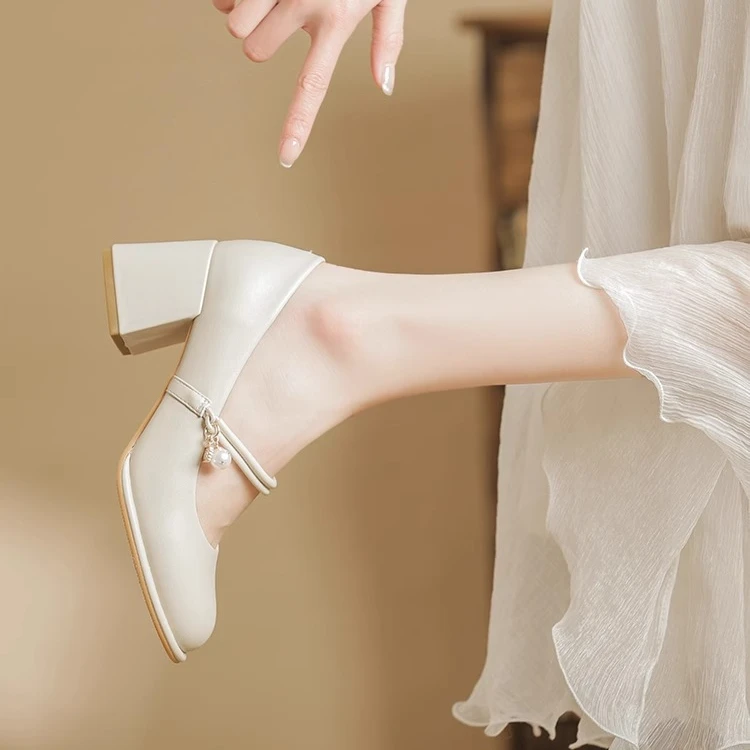 旗袍鞋子玛丽珍单鞋女2024新款仙女粗跟高跟鞋软皮晚晚温柔伴娘鞋