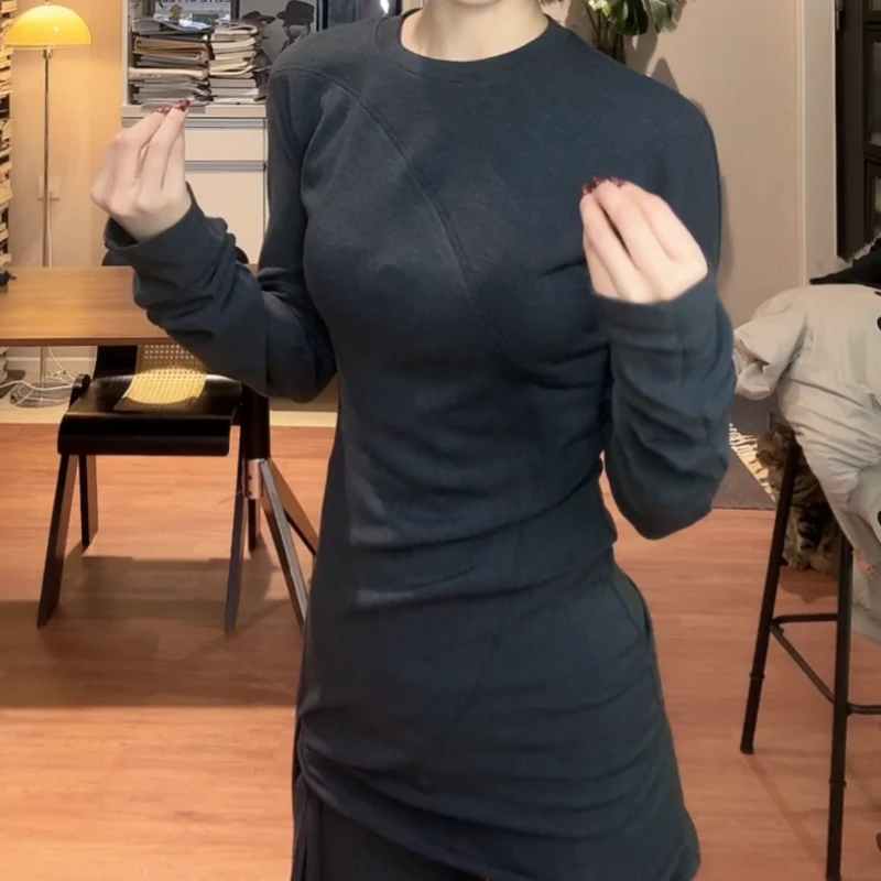 不规则设计圆领打底衫女秋冬百搭内搭修身长袖T恤上衣LK2508561