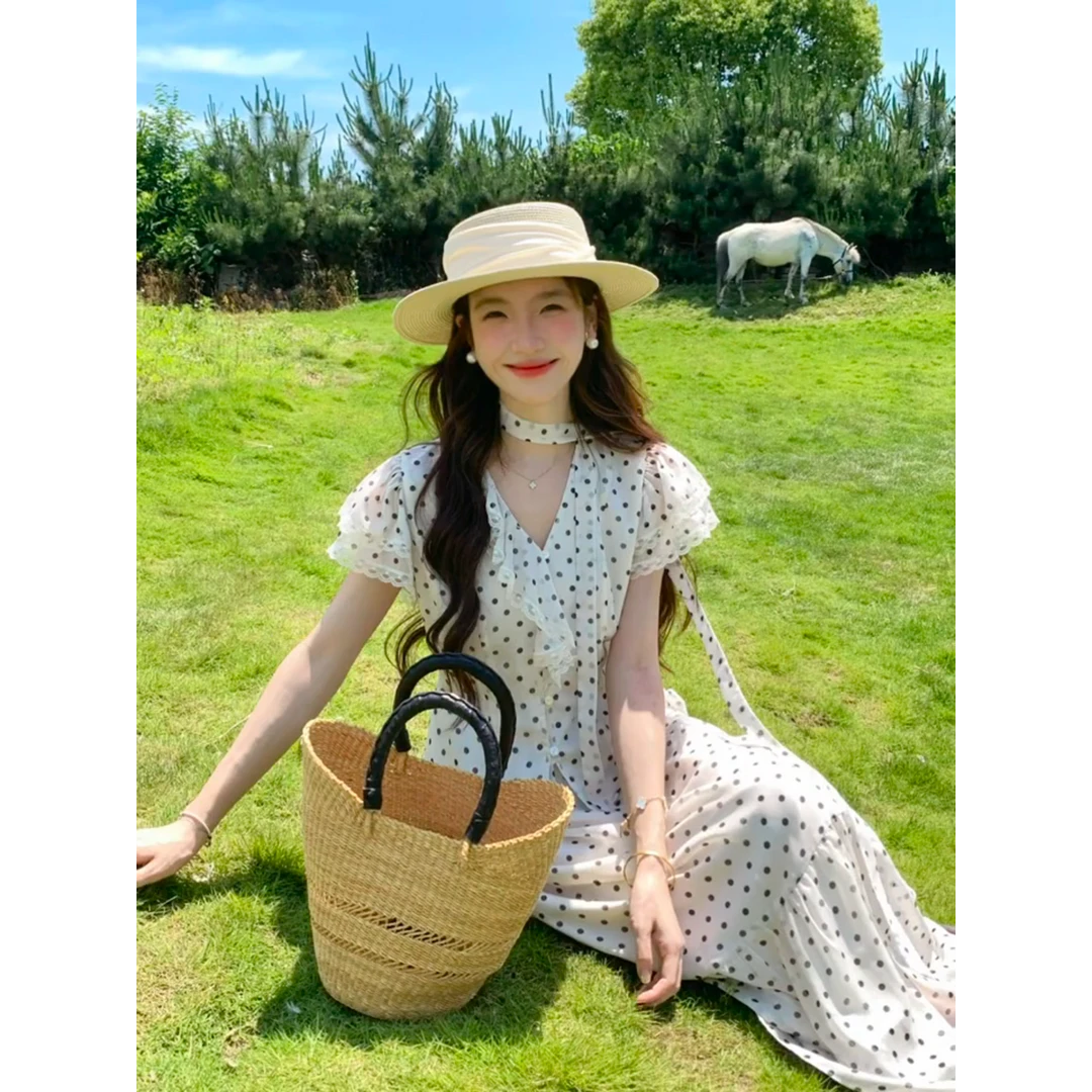 parkyeon法式泡泡袖V领波点小飞袖衬衫上衣女宽松显瘦半身裙套装
