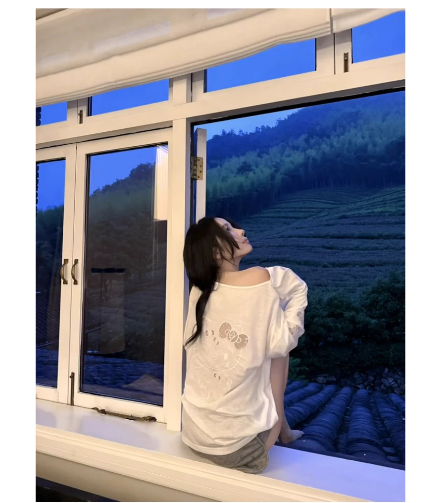 设计感辣妹气质宽松印花长袖T恤上衣女夏季2025新款显瘦短裤套装