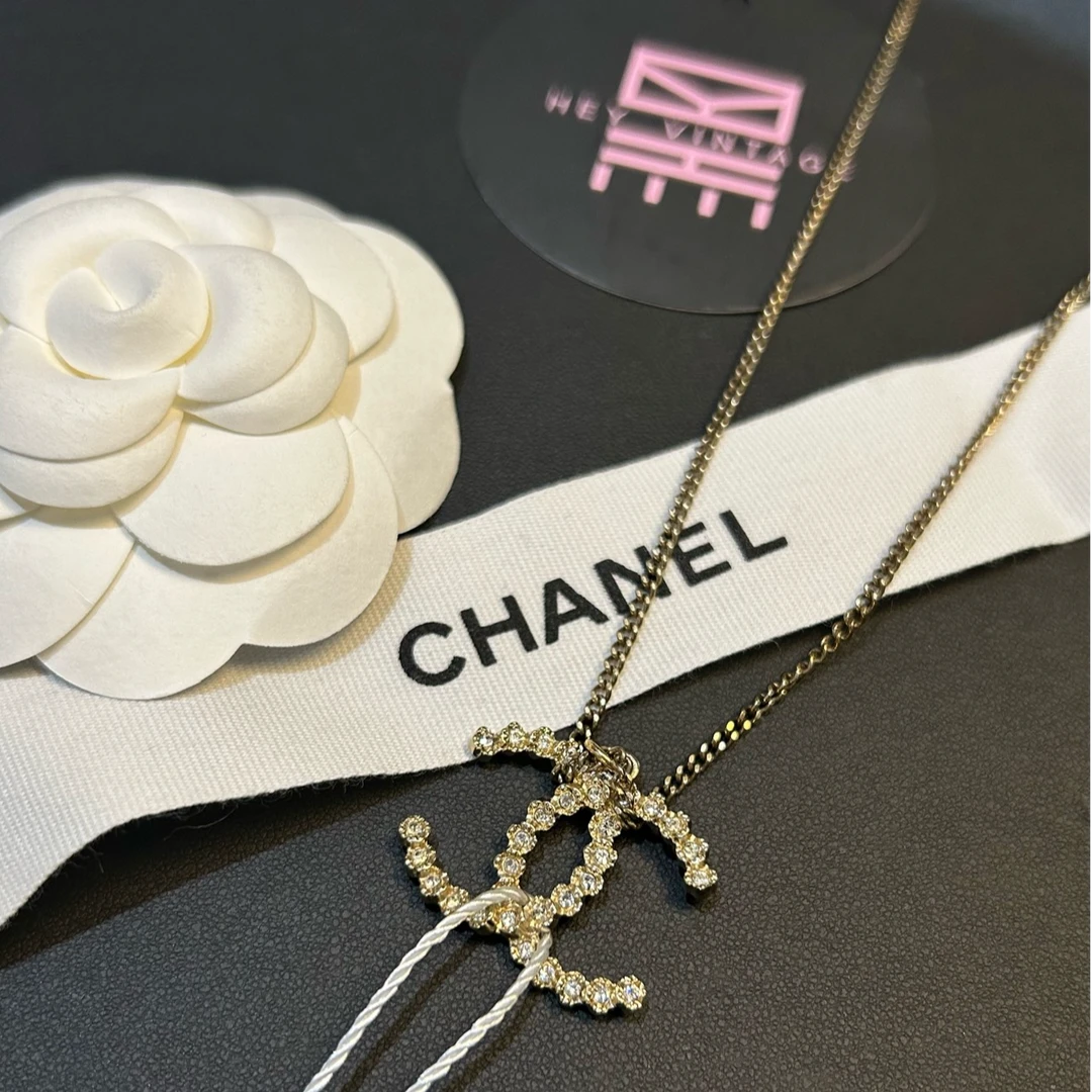 95新 Chanel/香奈儿 大号金色满钻双C项链 18376978