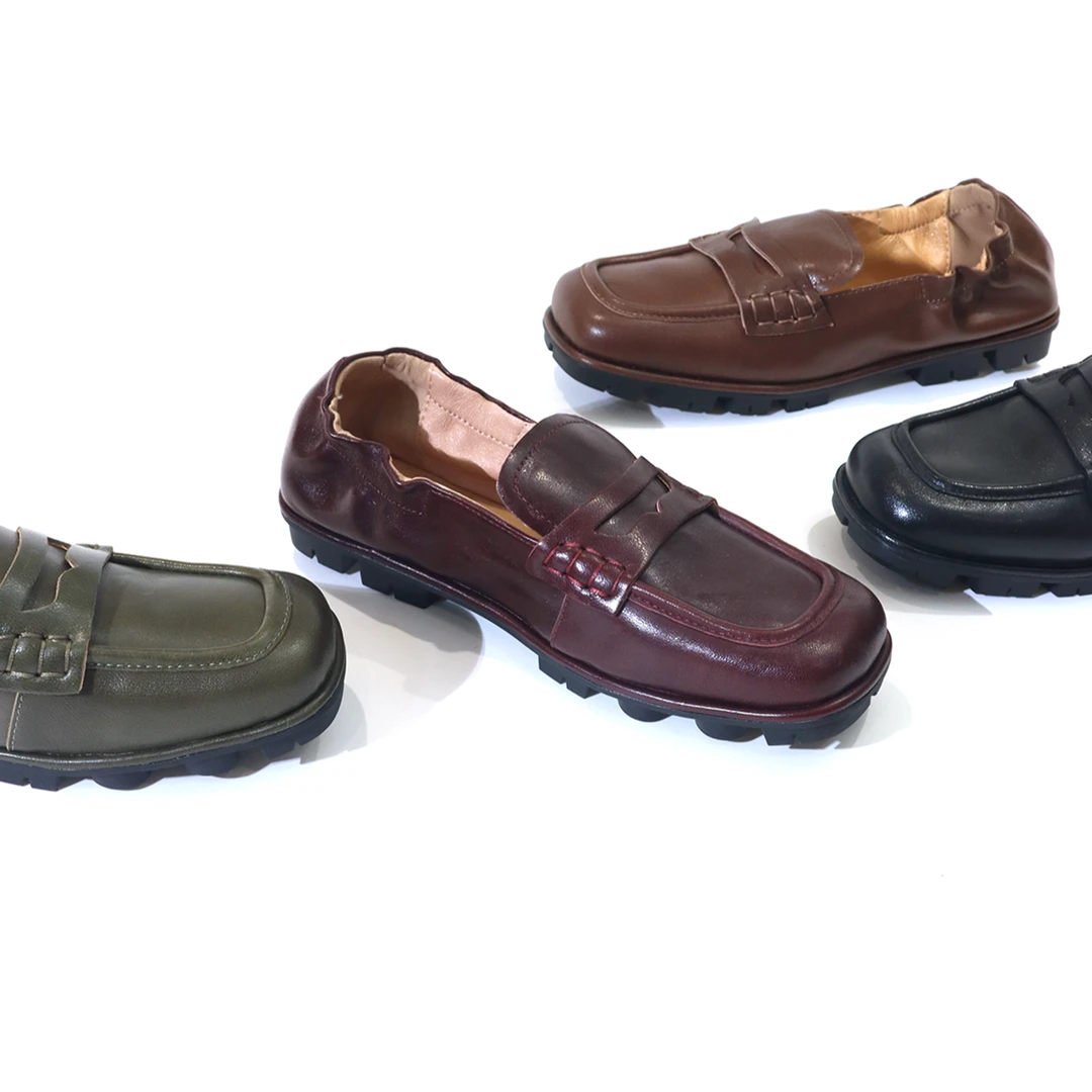 法式简约百搭牛皮方头褶皱手工厚底乐福鞋一脚蹬单鞋皮鞋XC6801-2