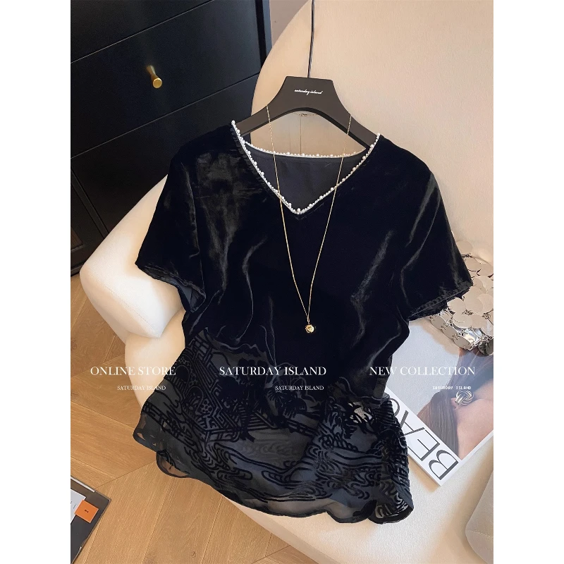 新中式国风提花拼接V领短袖T恤女2025夏新款复古气质百搭洋气上衣