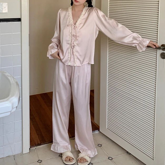 密汀巴灵高级感冰丝睡衣女春夏秋款宫廷薄款丝滑长袖家居服套装