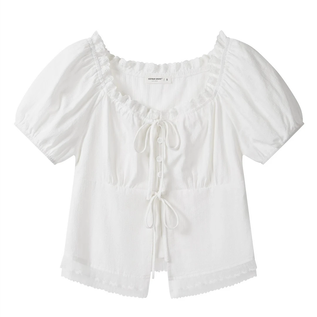 羊城故事-白色蕾丝花边泡泡短袖衬衫女法式修身娃娃衫Y50651181