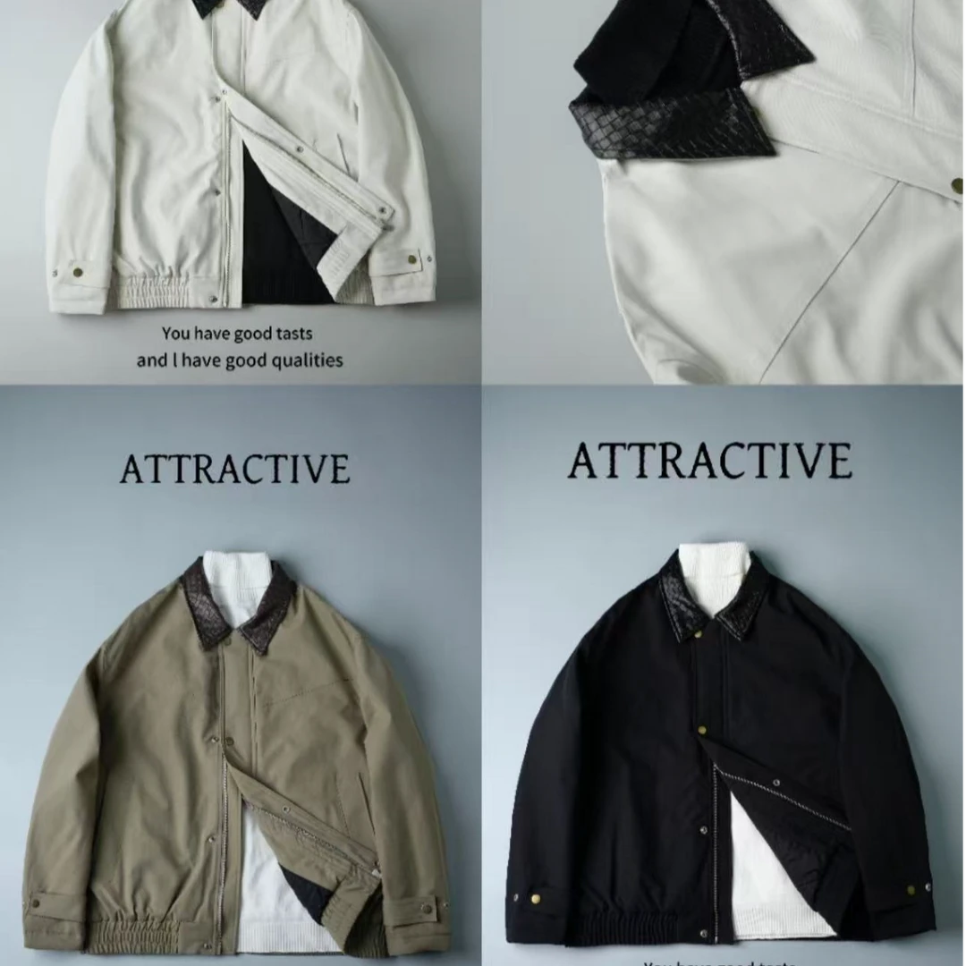 冬季新款高奢老钱PU皮领拼接龟背设计翻领夹克棉衣外套3618