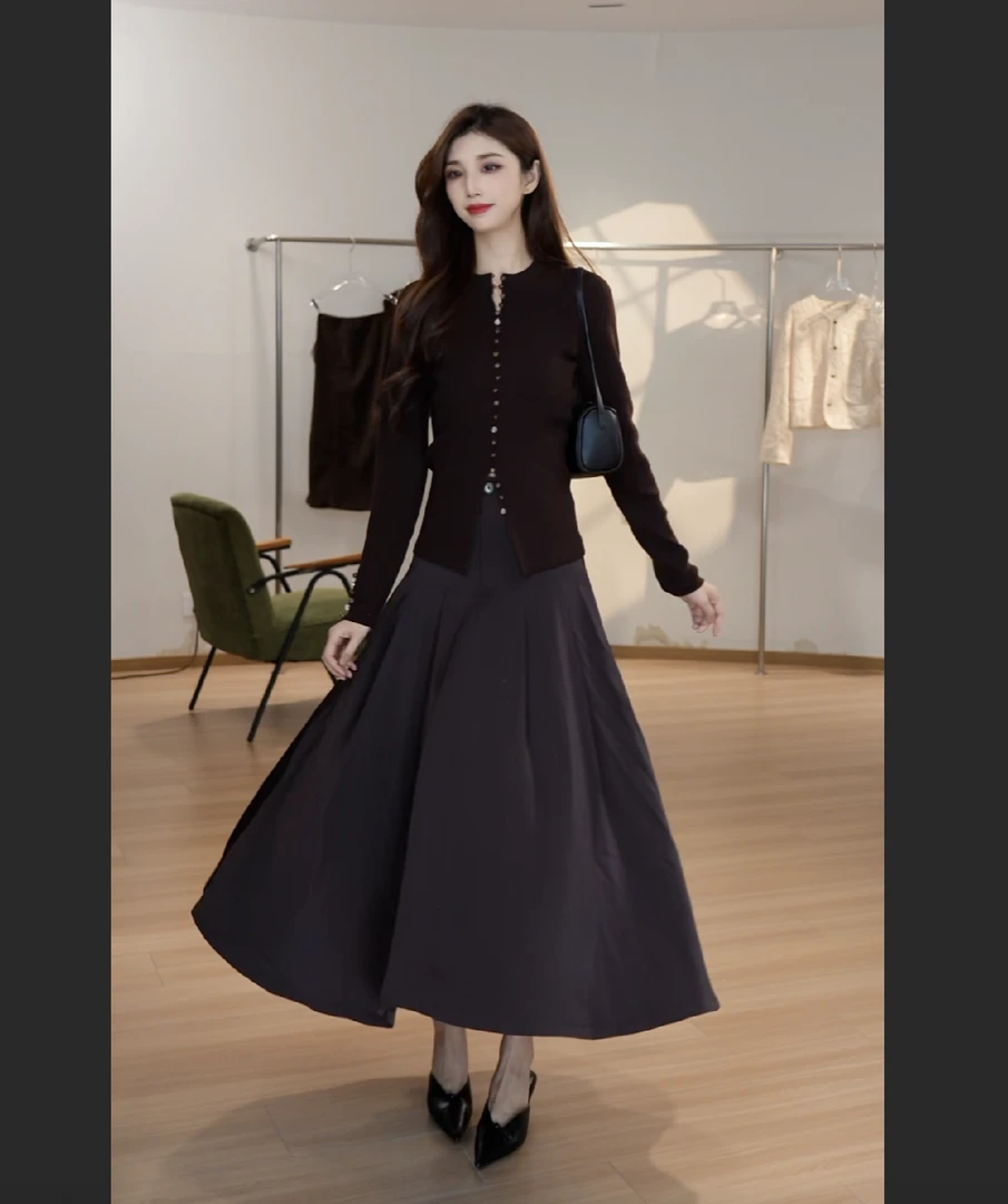 【AEL原创】法式优雅气质高端收腰显瘦针织衫黑色半身裙两件套装