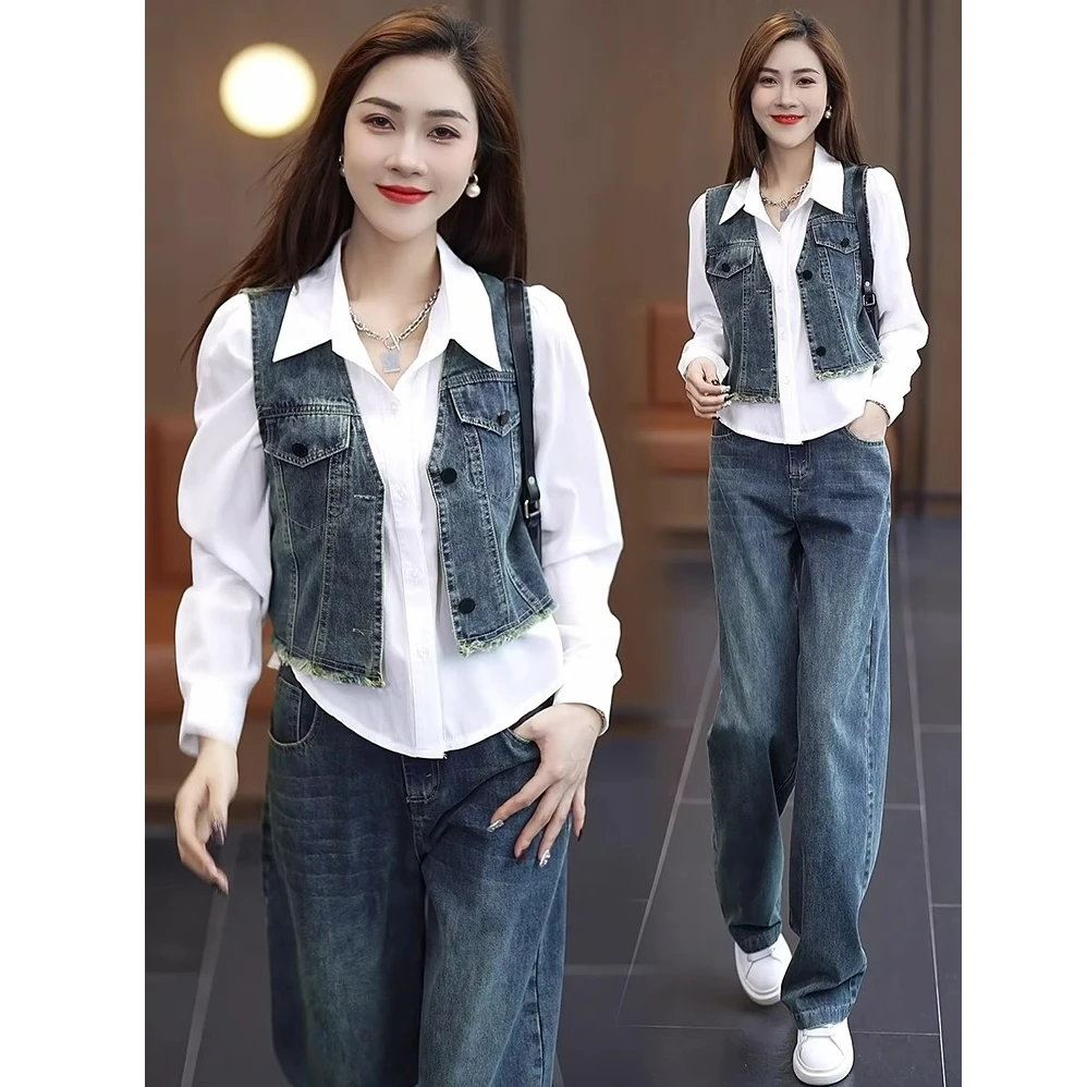 爆款牛仔套装女2025春装洋气长袖衬衫穿搭马甲阔腿牛仔裤子三件套