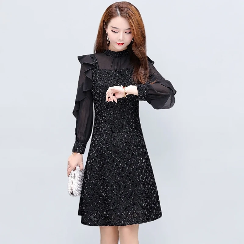 2025秋款名媛风显瘦穿搭小黑裙春秋长袖中长款连衣裙圆领收腰裙子