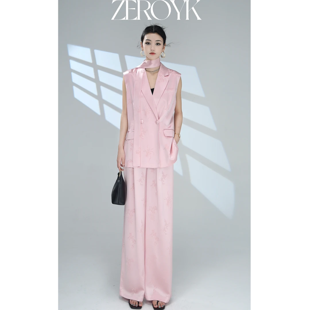 ZEROYK翎蔻 南油醋酸提花套装气质飘带扩版西装阔腿长裤两件套