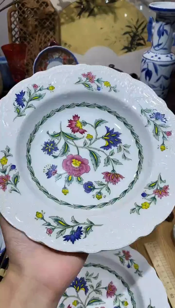 瓷片桃山草满绘大盘（脱金）