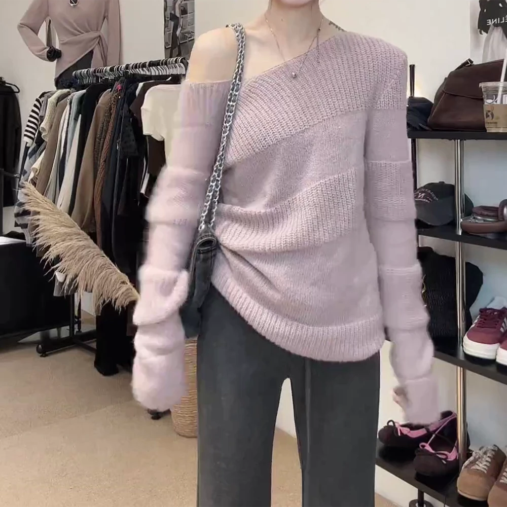 【 淡颜天菜】 韩系斜肩显瘦时尚百搭毛针织毛衣C6430