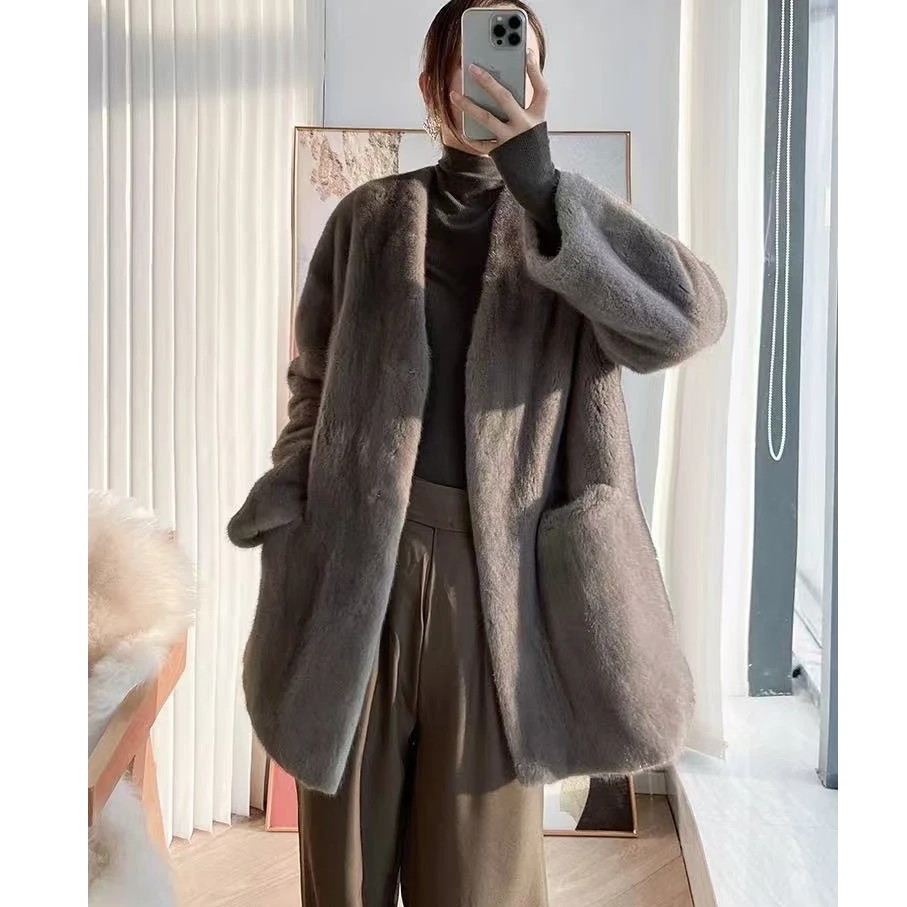 Y585 秋冬新款慵懒显瘦宽松气质休闲百搭毛毛V领长袖时尚外套