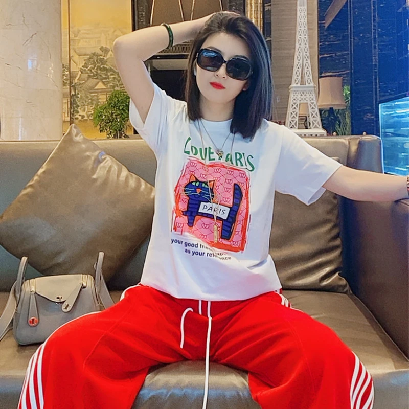 L猫-时尚周美式重磅精梳棉印花短袖白恤男T恤潮流宽松圆领