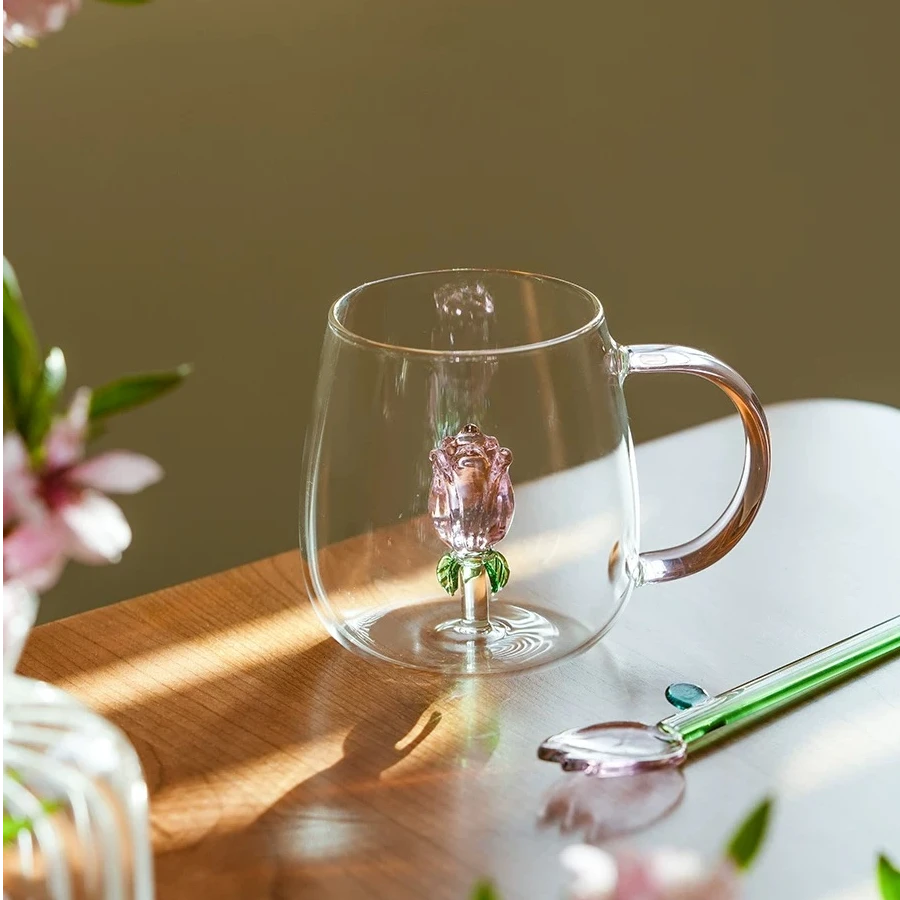 高硼硅玻璃杯咖啡杯立体玫瑰花高颜值可爱带把水杯办公室家用耐热
