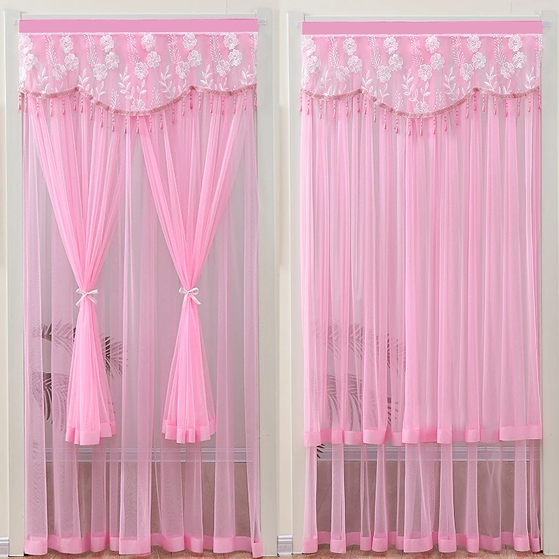 夏季防蚊蕾丝纱门帘双层对开透光自粘贴免打孔魔术贴防蚊虫伸缩杆