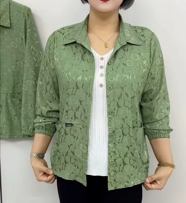 8005女士衬衫领长袖提花薄开衫妈妈装