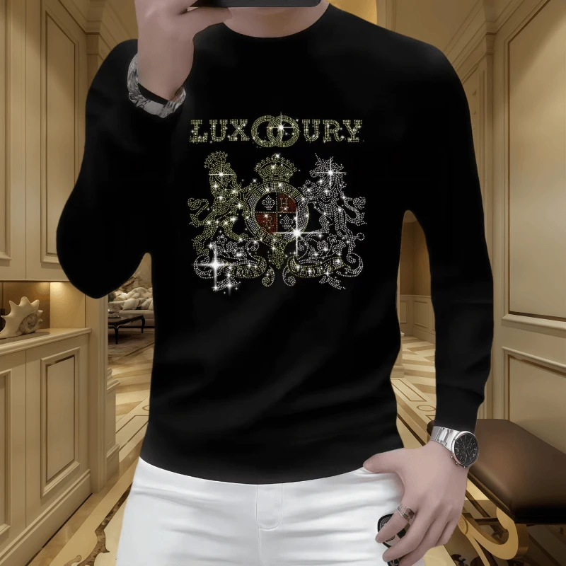 男士烫钻上衣时尚休闲百搭潮流修身秋冬季长袖卫衣圆领套头打底衫