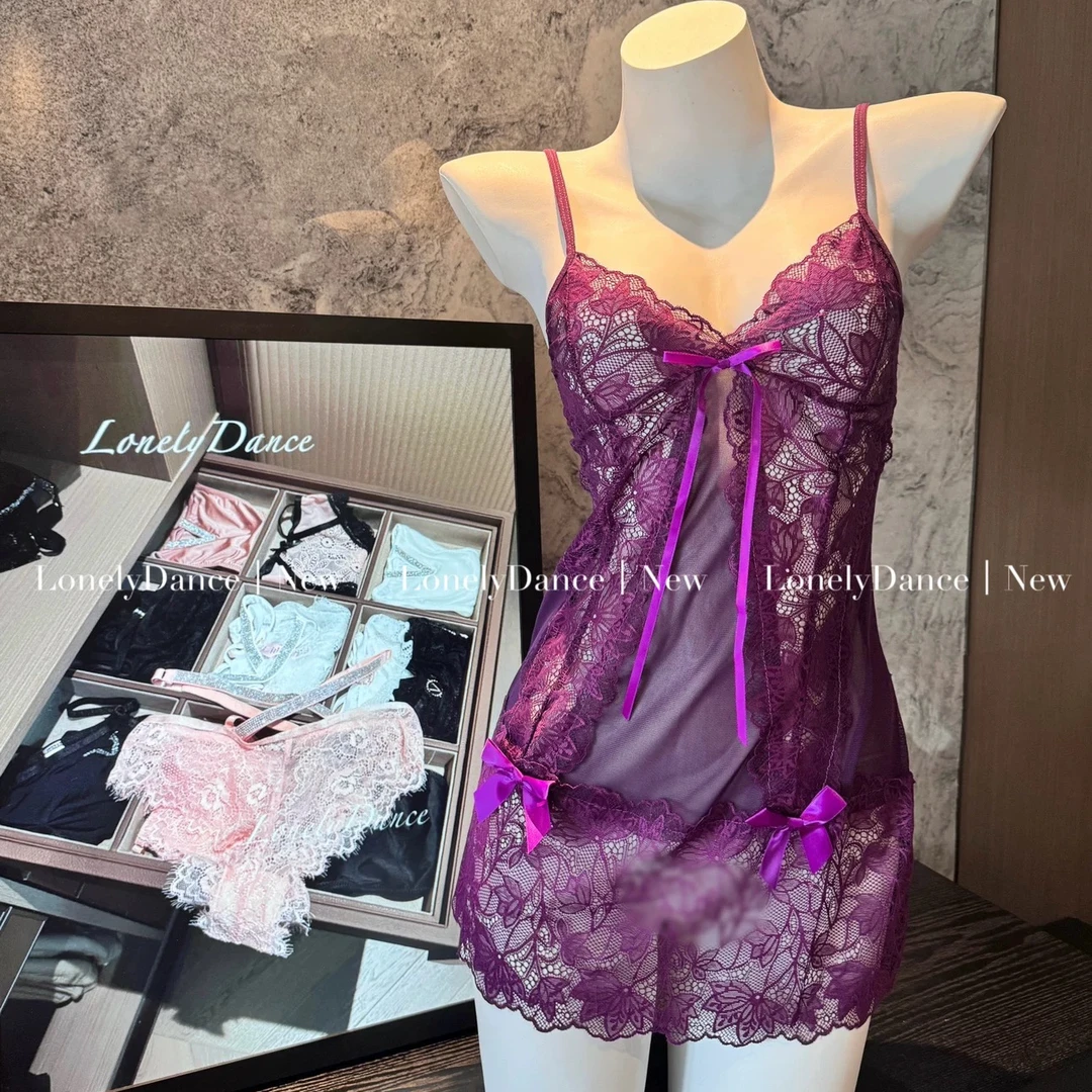 晚安闪闪~纯欲紫葡萄*蕾丝蝴蝶结拼接可调节蕾丝睡裙