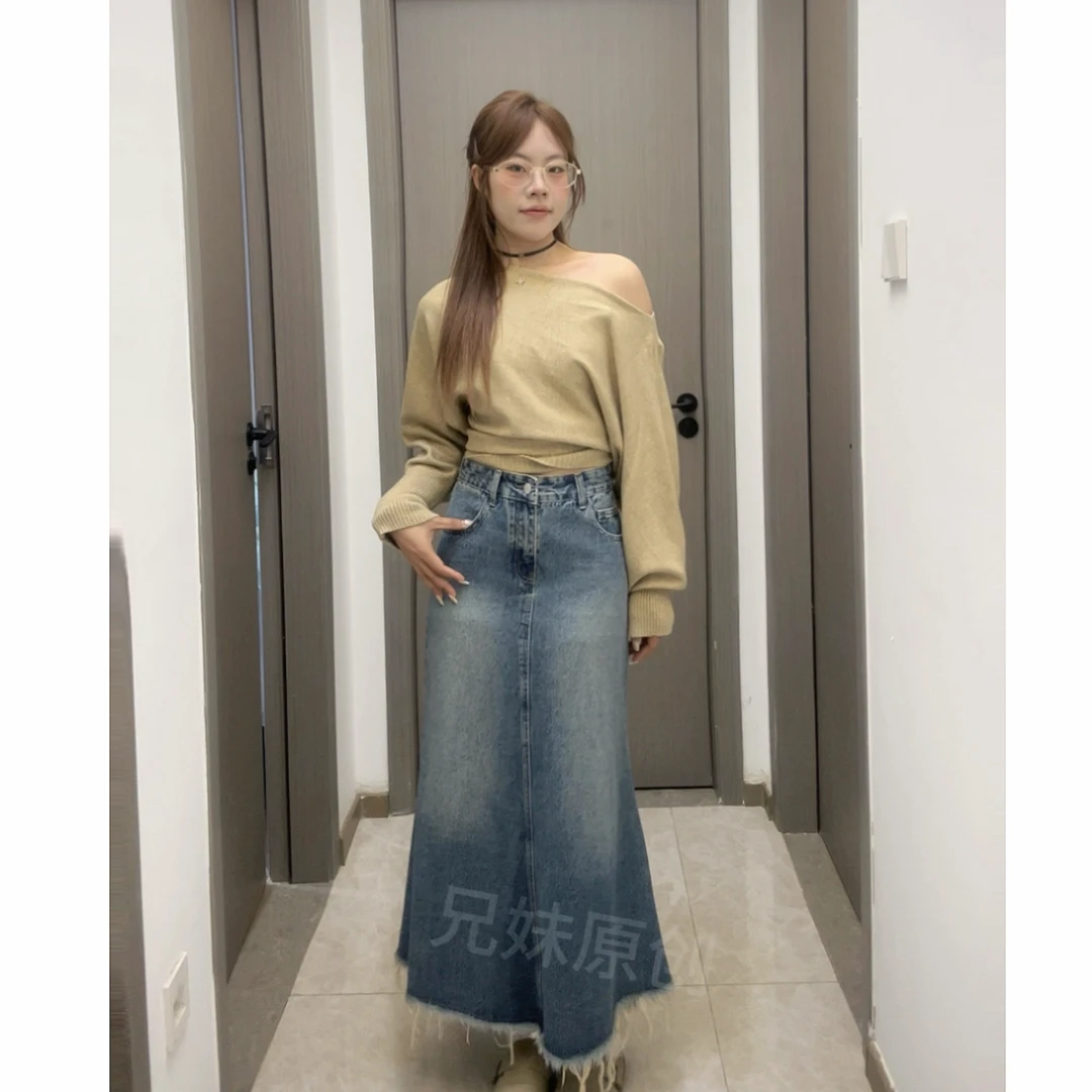 春夏新款牛仔鱼尾裙梨形气质百搭长款半身裙辣妹a字高腰毛边复古