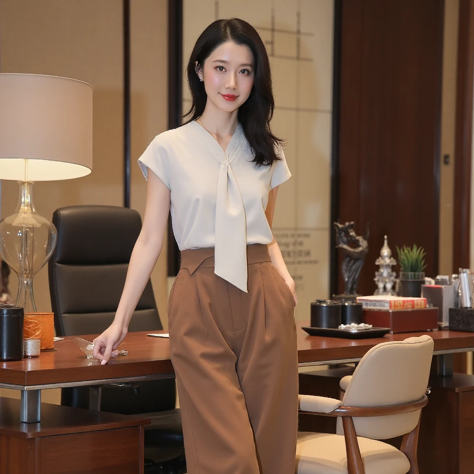 【达人专属】优雅气质V领系带衬衫女夏装韩版修身白色KT20129