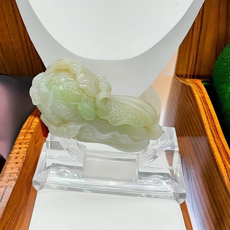 和田玉三色玉白菜遇百财手把件手工吊坠