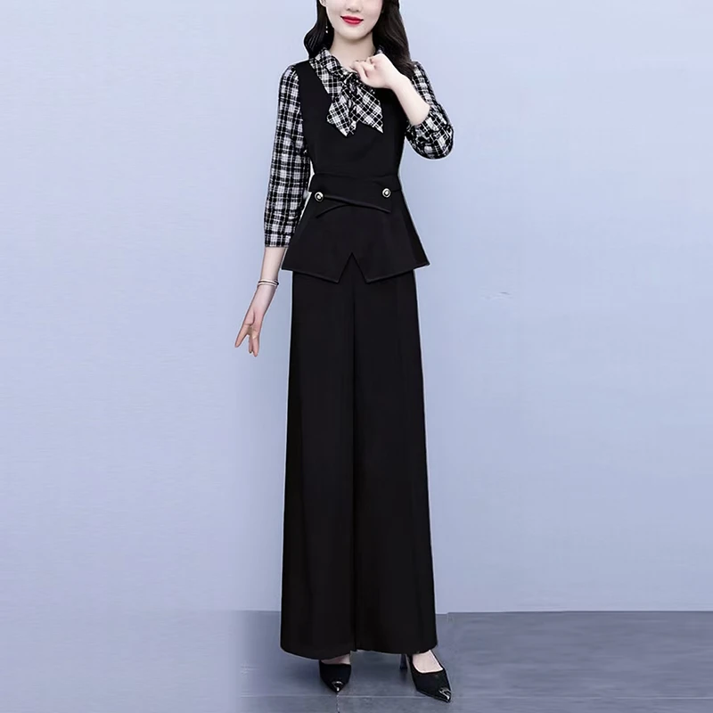 2025秋季新款时尚套装女气质显瘦格子拼接修身女神范阔腿裤两件套