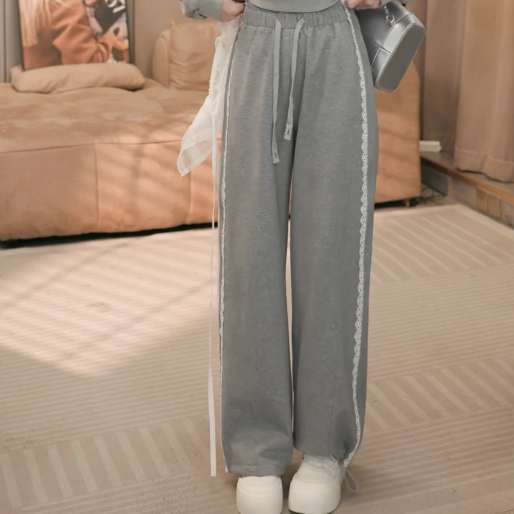 春季新款显瘦阔腿裤高腰休闲裤拼接宽松百搭透气秋季卫裤