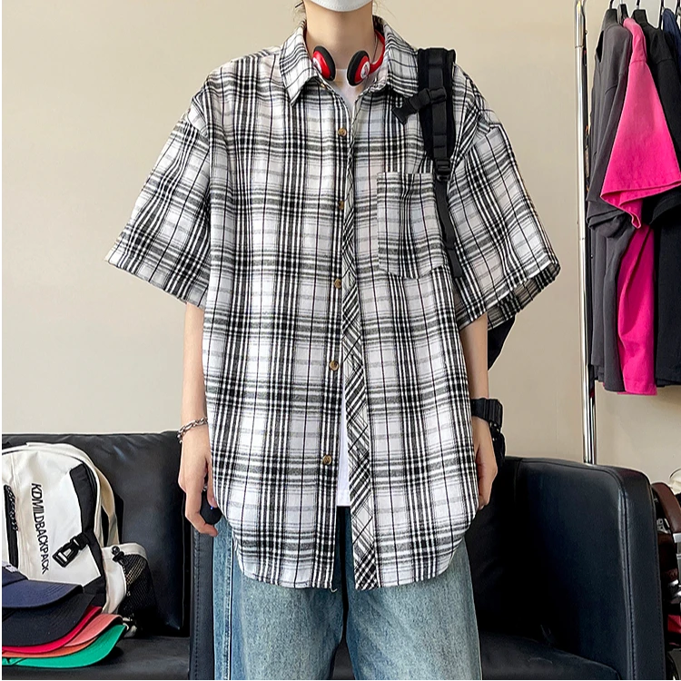 军格美式潮牌黑白格子短袖衬衫2025夏季新款男痞帅情侣青少年衬衣