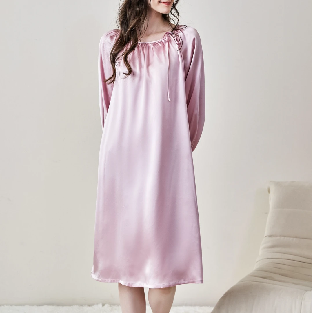 真丝可外穿连衣裙桑蚕丝大码女夏季中长款家居服纯色真丝睡衣睡裙