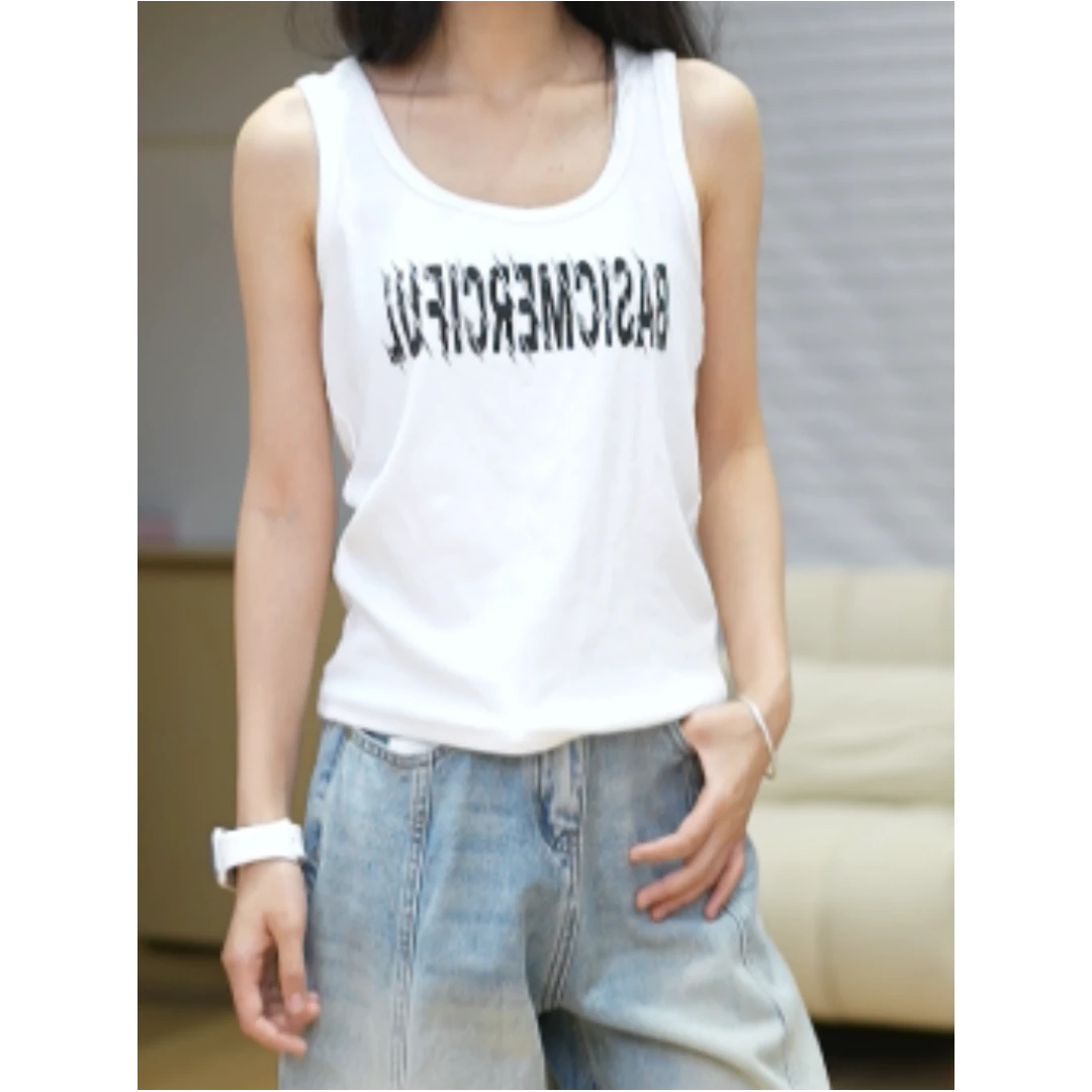 JIANGZHUO【字母吊带】美式复古吊带背心女夏季字母印花无袖T恤