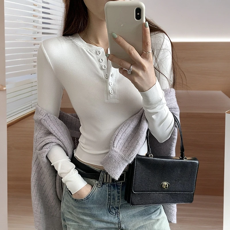 2025春夏爆款外穿显瘦长袖T恤辣妹高级感修身内搭开胸扣打底衫女