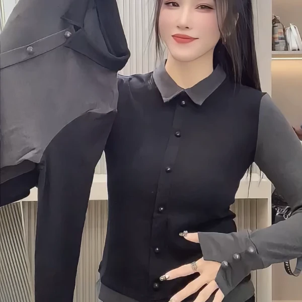 假两件撞色拼接翻领长袖t恤女秋冬款设计感修身显瘦打底polo上衣