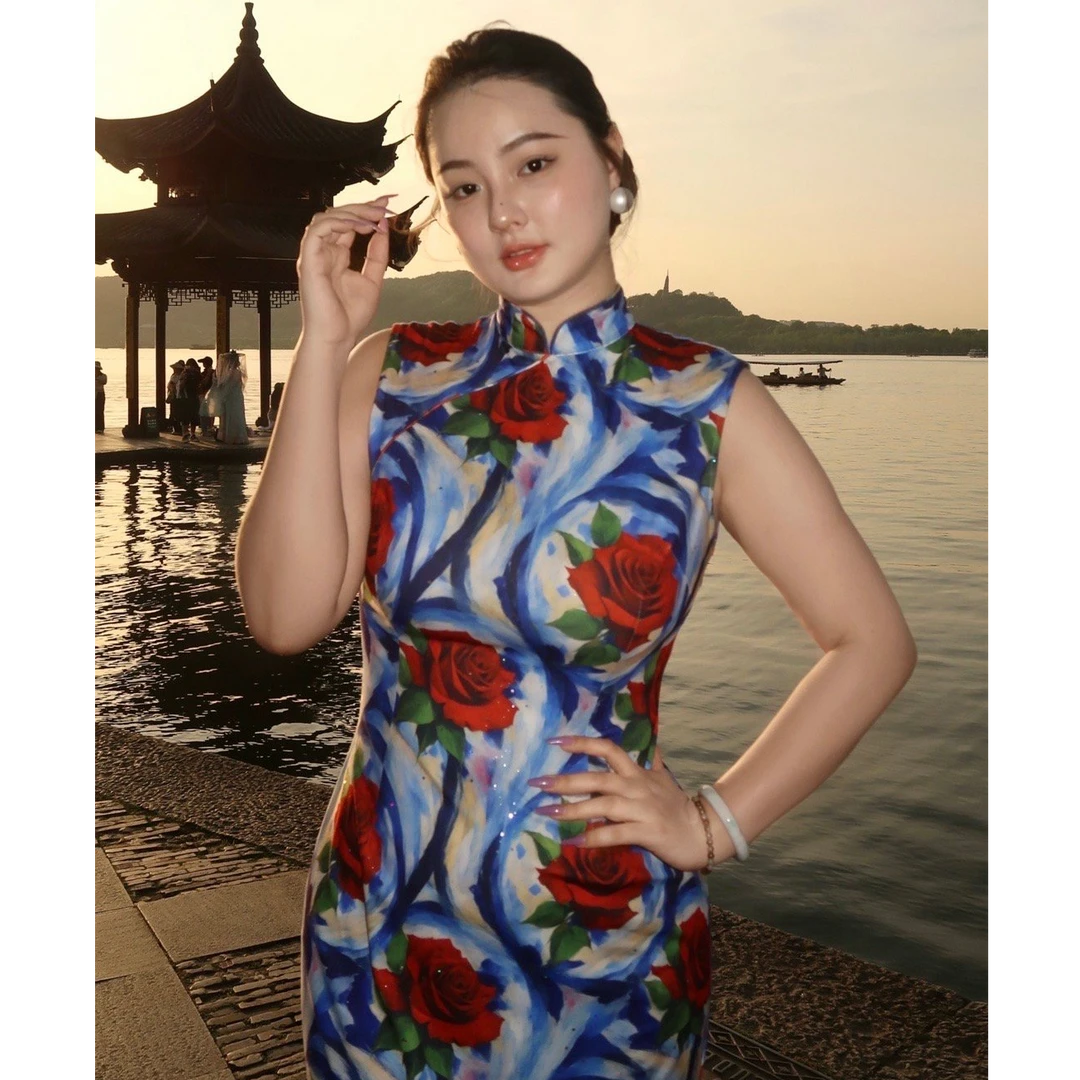 秋辞香~半生韶华 弹力款无袖长款细闪长款花花旗袍连衣裙