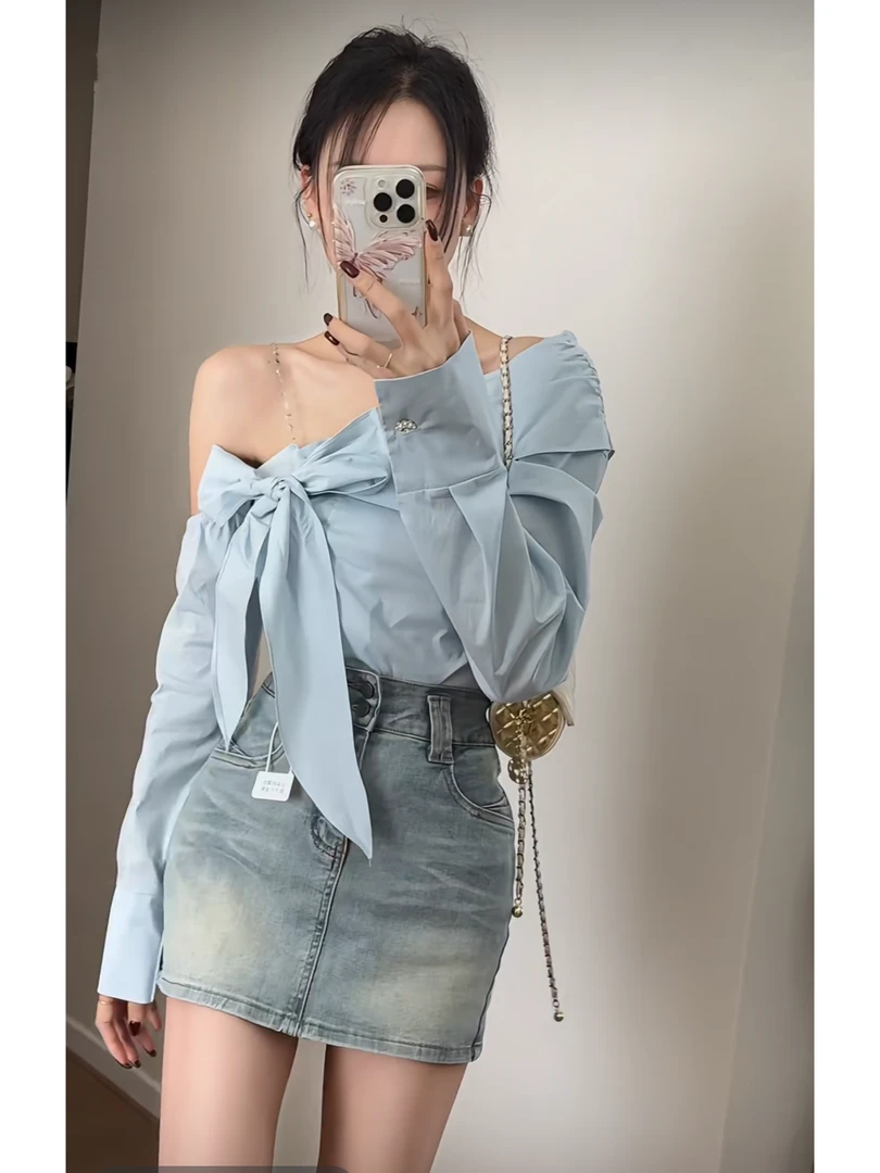纯欲辣妹斜肩长袖衬衫牛仔裙两件套设计感2025开春韩系减龄套装女