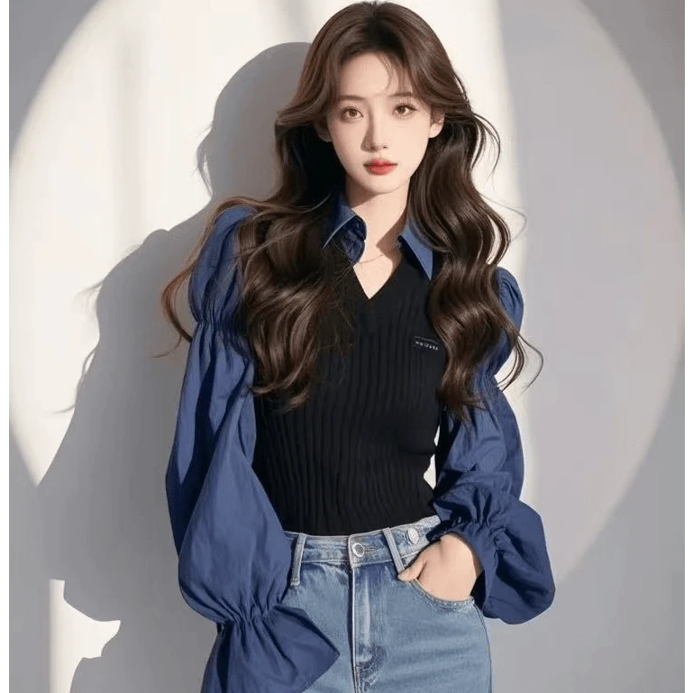 2025春季今年爆款收腰上衣高级小众不撞款超好看藏蓝色假两件衬衫