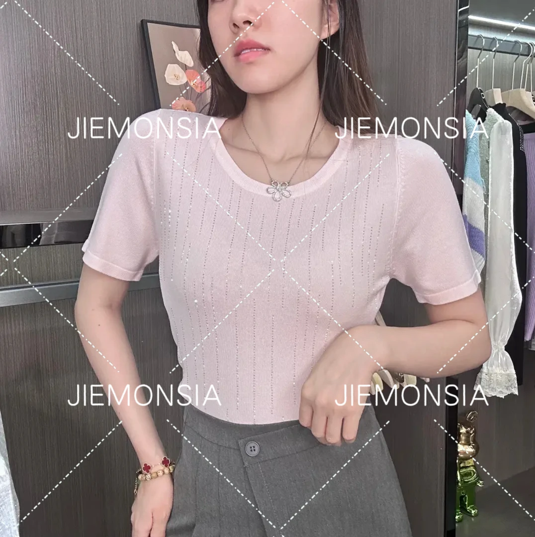 2025夏季薄款圆领烫钻小香风气质时尚洋气轻奢百搭女装上衣