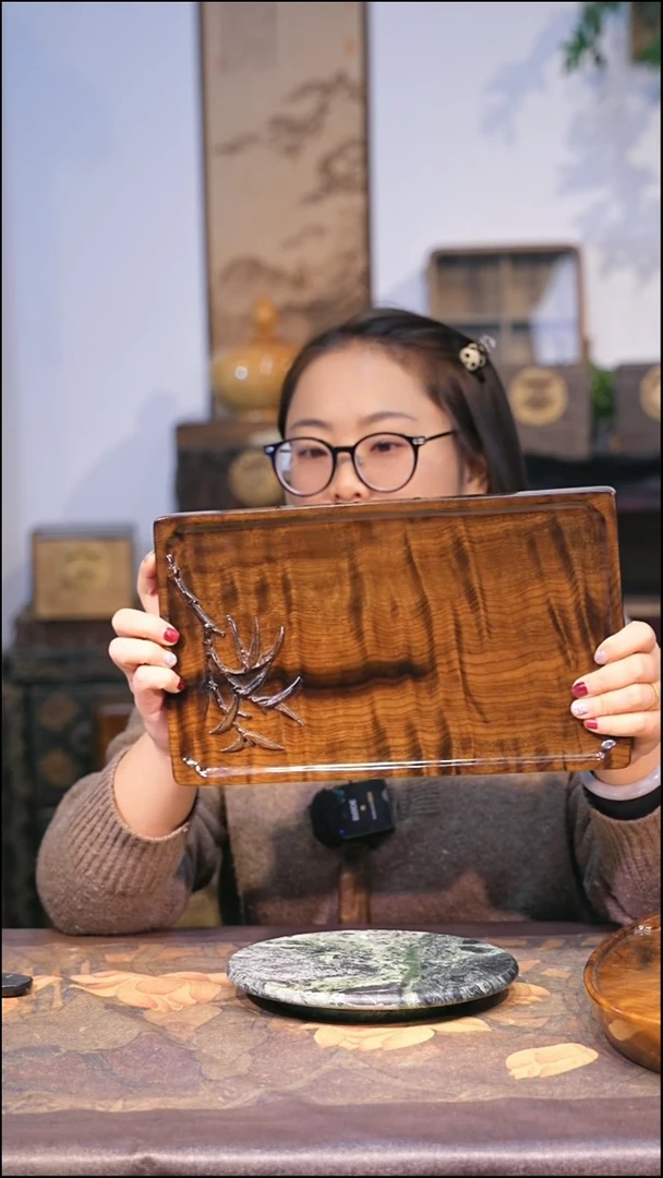 金丝楠小叶桢楠阴沉料水波花纹竹节款茶盘